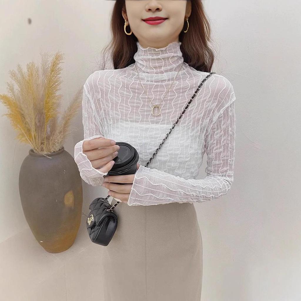 Women's Slimming Stretch Mesh Lace Turtleneck - See-through Autumn Winter Base Layer Top