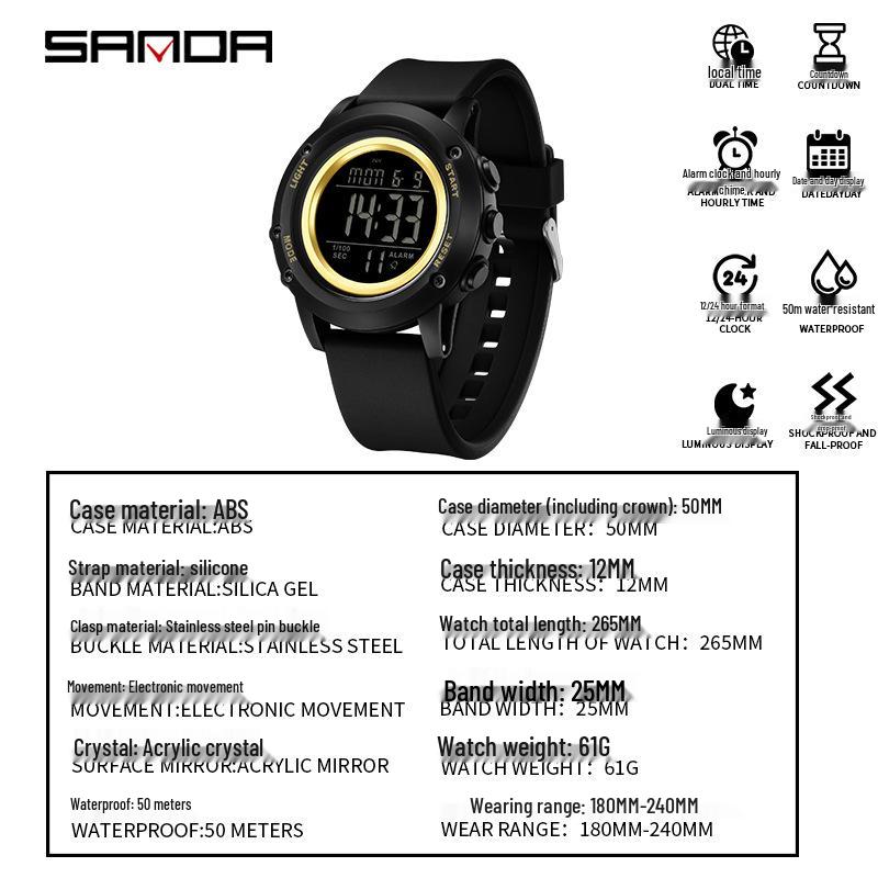 Sanda Wasserdichte Leuchtende Sport-Armbanduhr für Herren - Einfache Multifunktionale Elektronische Uhr