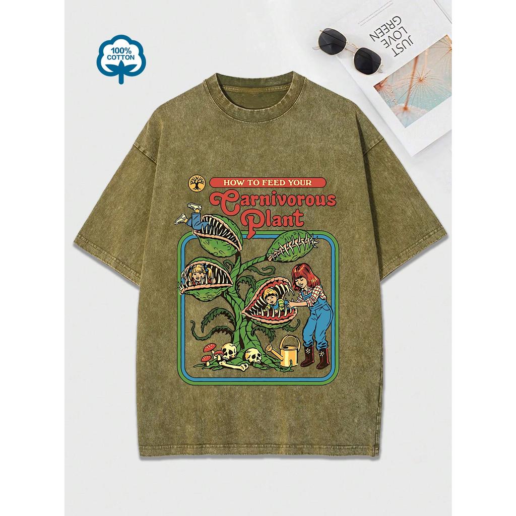 Chomper Comic Pattern Print Women Washed Tshirts Summer T-Shirt Breathable O-Neck Distressed Tee Shirts Soft Cotton Tops