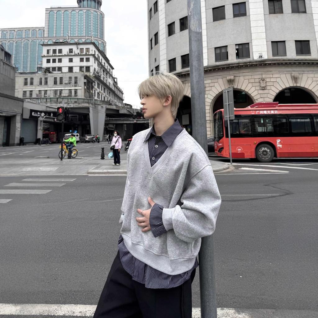 Men's Spring Autumn New Korean Style Fake Two-Piece Shirt Collar Spliced Hoodie High-End Sense Loose Long Sleeve Trendy