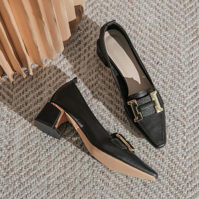 - Small Square Head Women's Shoes Autumn New One-pedal Soft Leather Thick Heel High Heels Commuting Light Mouth Single Shoes