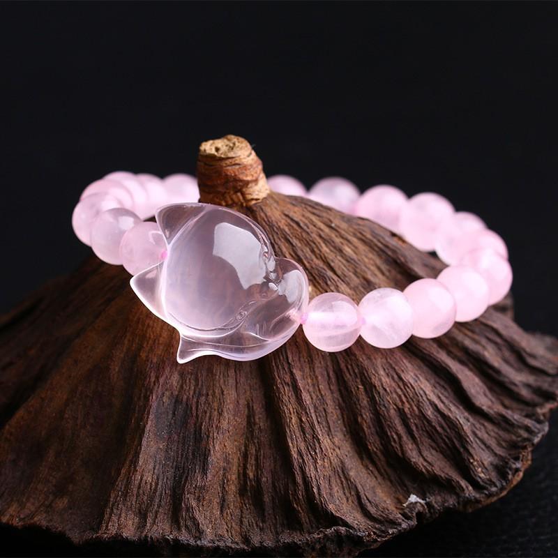 Natural Pink Quartz Fox Charm Bracelet Women 10mm Beaded Crystal Handchain Sweet Style Love Gift Fox-shaped Pink Crystal Bracelet 10mm