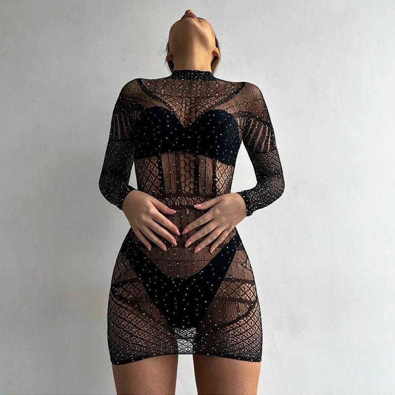 Danaiomei Damen Herbst Strass Cutout Halbochgeschlossenes Langarm Durchsichtiges Kleid T9130