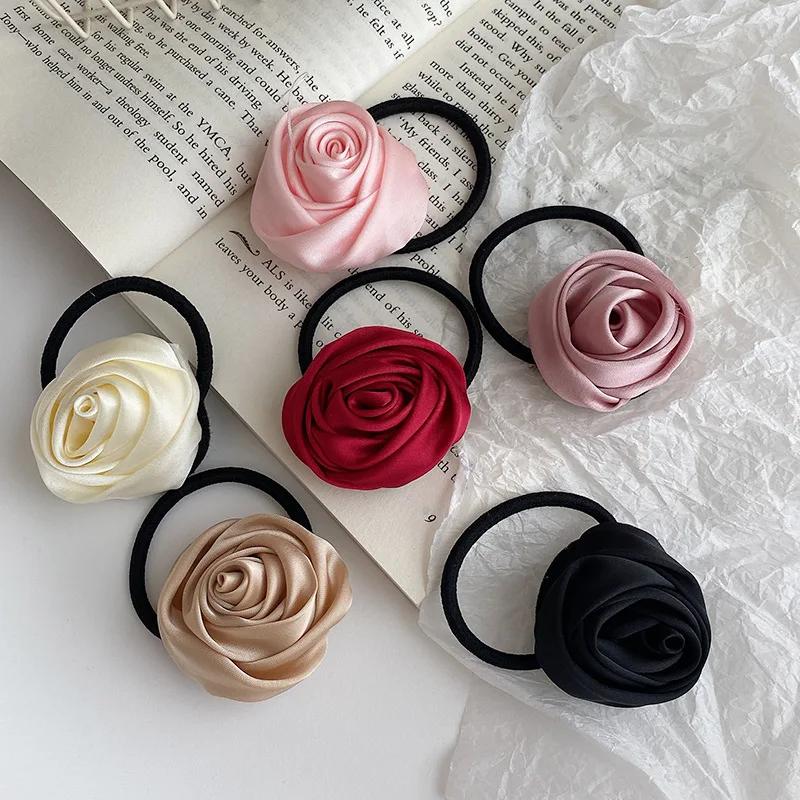 Fabric Rose Flower Hairbands Women Girls Elegant Elastic Rubber Bands Hair Ropes Headdress Satin Floral Rubber Bands
