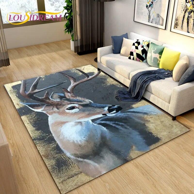 3D Cartoon Nordic Elk Reindeer Area Rug,Carpet Rug for Living Room Bedroom Sofa Doormat Decoration,Child Play Non-slip Floor Mat