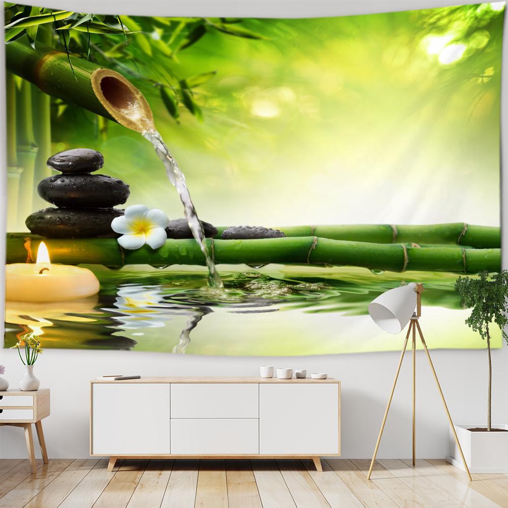 Chinese Zen Garden Green Bamboo Water Lily Print Tapestry Home Living Room Room Wall Decoration Background Cloth Tapestry