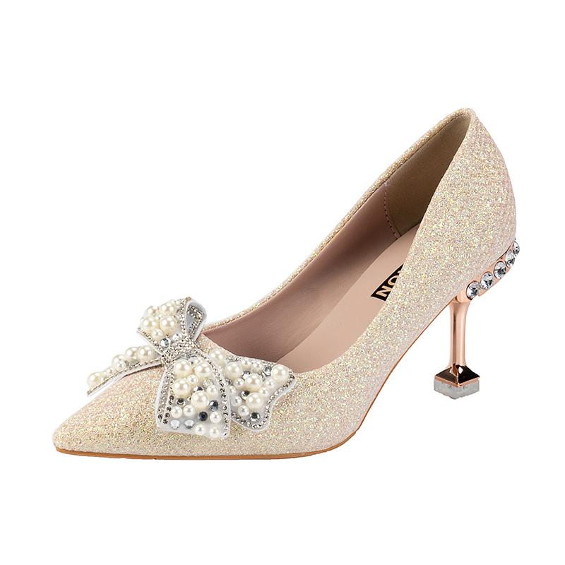 

Spring Casual Wedding Bride Rhinestone Gold Fashion High Heels Metal Buckle Sexy Work Shoes 7cm Large Size Female Shoe High Heel 34