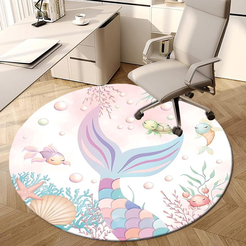 1PC Mermaid Tail Ocean Life Non-Slip Floor Round Carpet, Office, Family, Bedroom, Large Area Rug Indoor Rugs, Vibrant Colors-Z0477