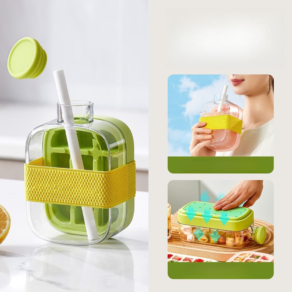 2in1 Ice Tray Water Bottle Portable Silicone Summer Ice Cube Tray With Straw Pressing Mould Ice DrinkBottle Outdoor Beverage Cup