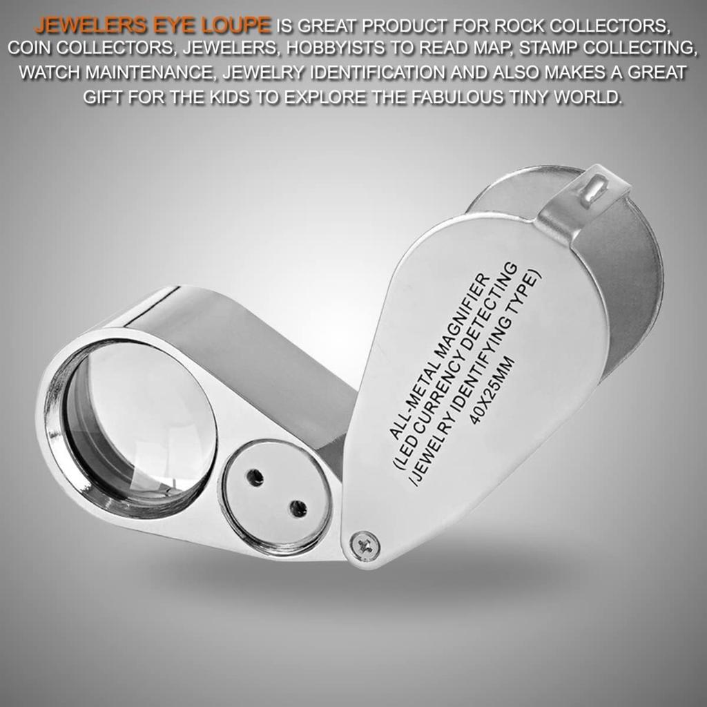 40x 25mm Jeweller Magnifier Pocket Folding Magnifying Jewelry Eye Loupe with LED Light Illuminated LED Currency Detecting/Jewlers Identifying Type