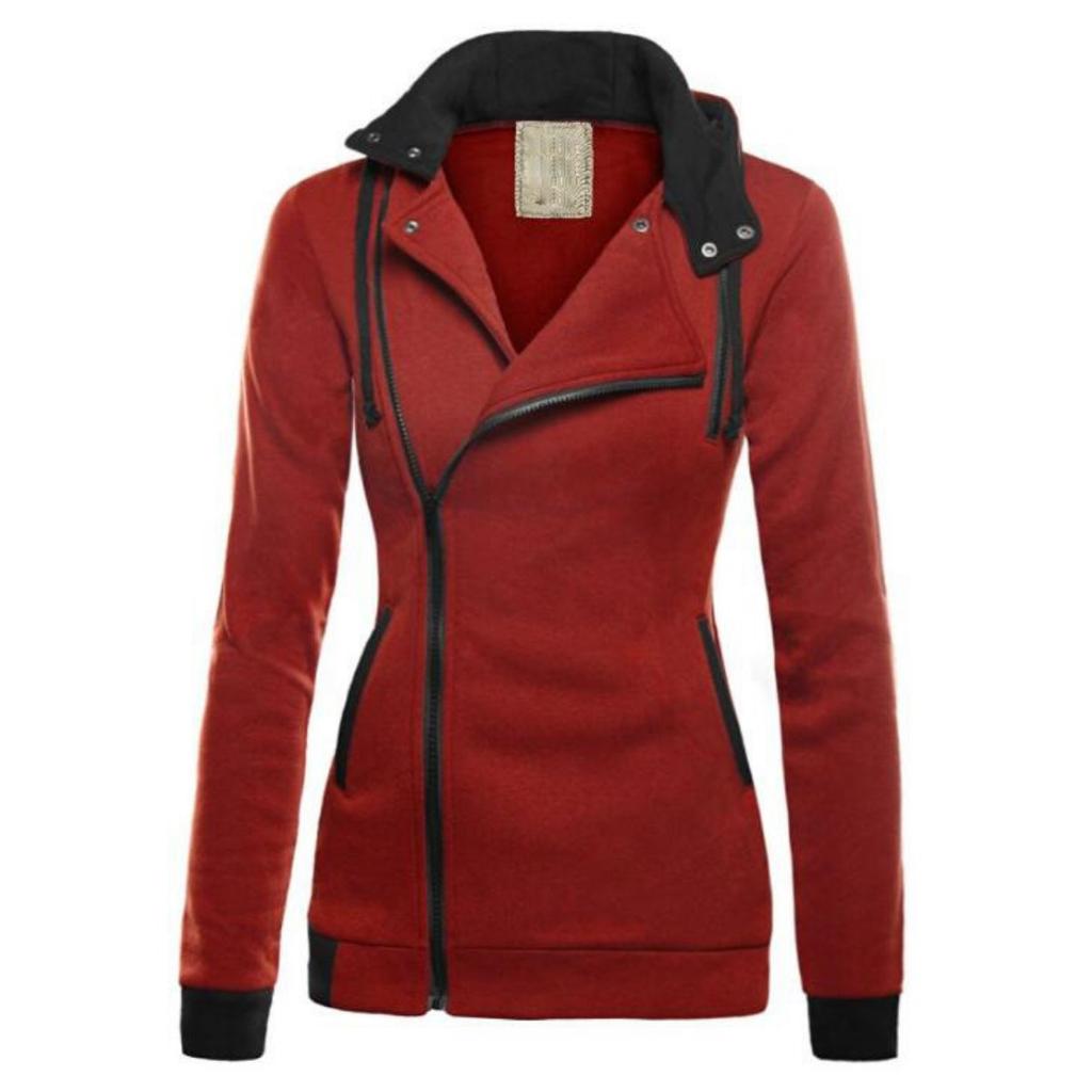 Women's  Spring Fleece Lined Color Block Hooded Sweatshirt, Thickened Warm Diagonal Zipper Hoodie