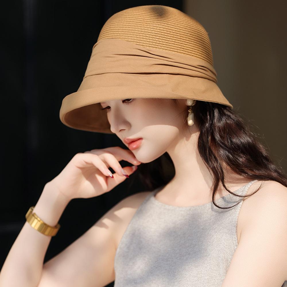 Elegant Straw Splicing Sunshade Bucket Hat Women Travel Beach Straw Hat Outdoor Sun Hat