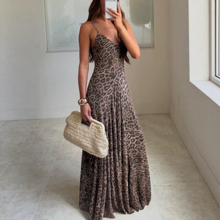 Women Spaghetti Strap V Neck Leopard Print Maxi Dress Casual Sleeveless Evening Party Gown S
