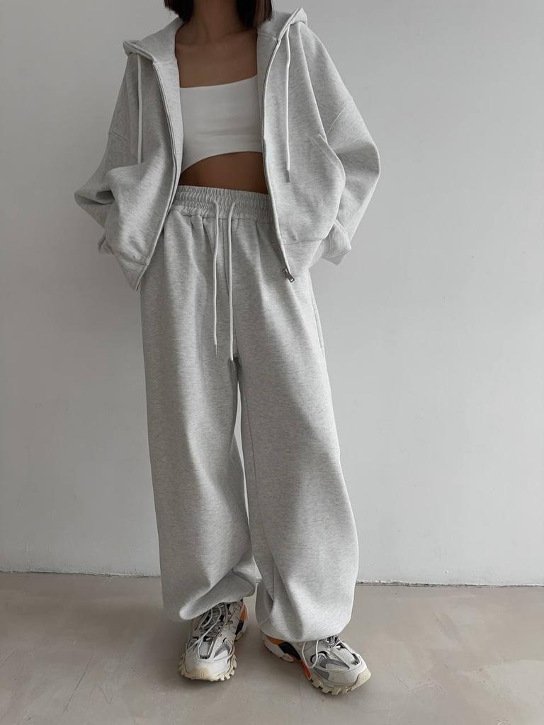 Autumn and winter new European and American style loose hooded zipper sweater set two-piece casual sweatpants women's solid color
