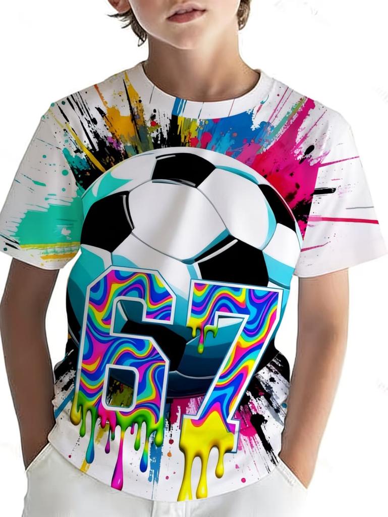 67 Digital Football Print Children's T-Shirt Boys Girls Fashion Casual Comfortable Round Neck Short-Sleeved T-Shirt Sporty Top