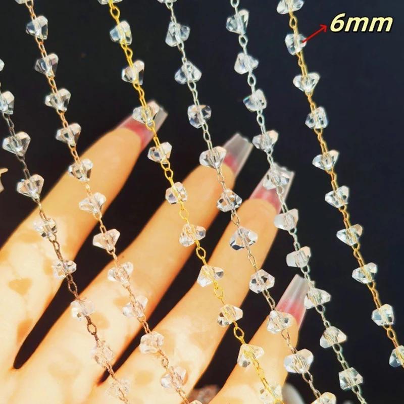 5yards Faceted Triangle Crystal Glass Beads Tassel Copper Link Chain Suitable for Traditional Costume DIY Decoration Accessories