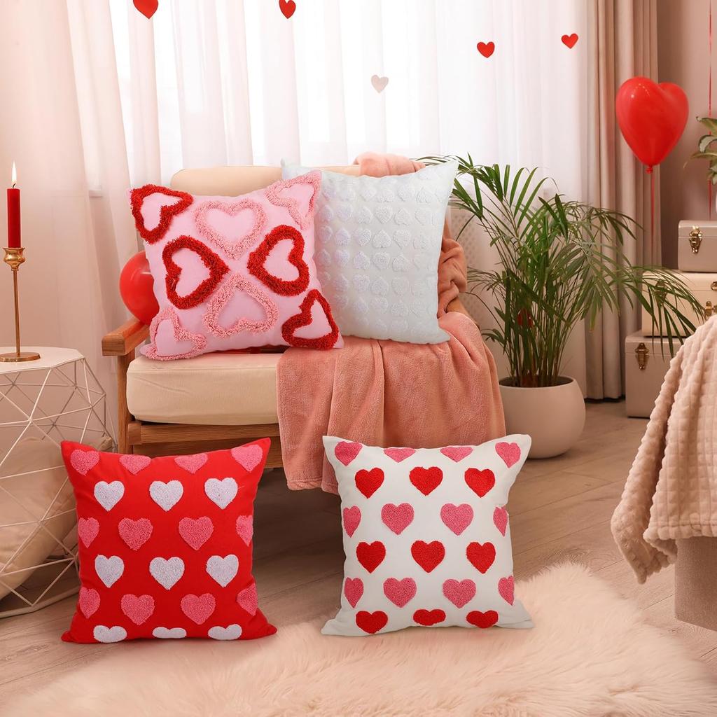 4 Pcs Valentine's Day Throw Pillow Covers 18x18 Inch Red Pink Heart Pillow Cases Soft Heart Shape Embroidery Cushion Covers for Valentine's Day Couch