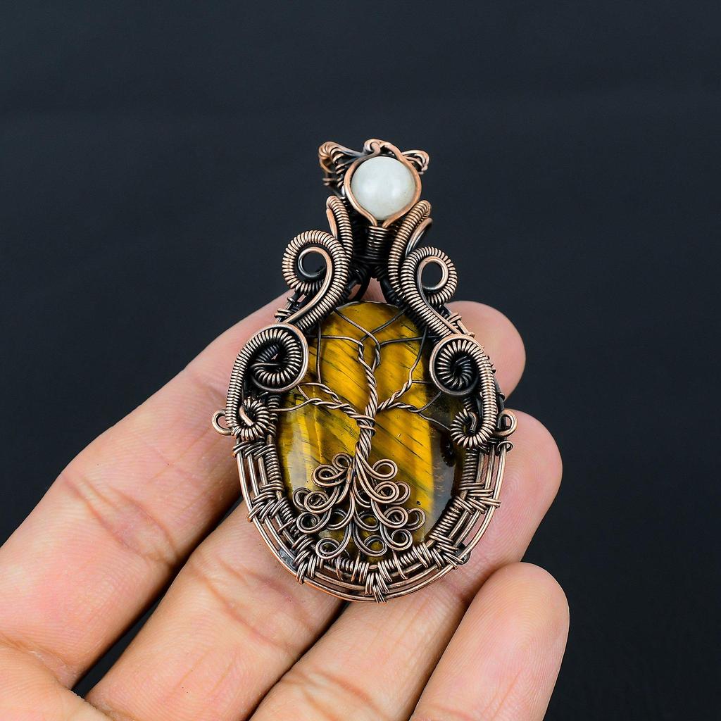 Tiger Eye & Moonstone Gemstone Pure Copper Wire Wrap Handmade Beautiful Jewelry Pendant