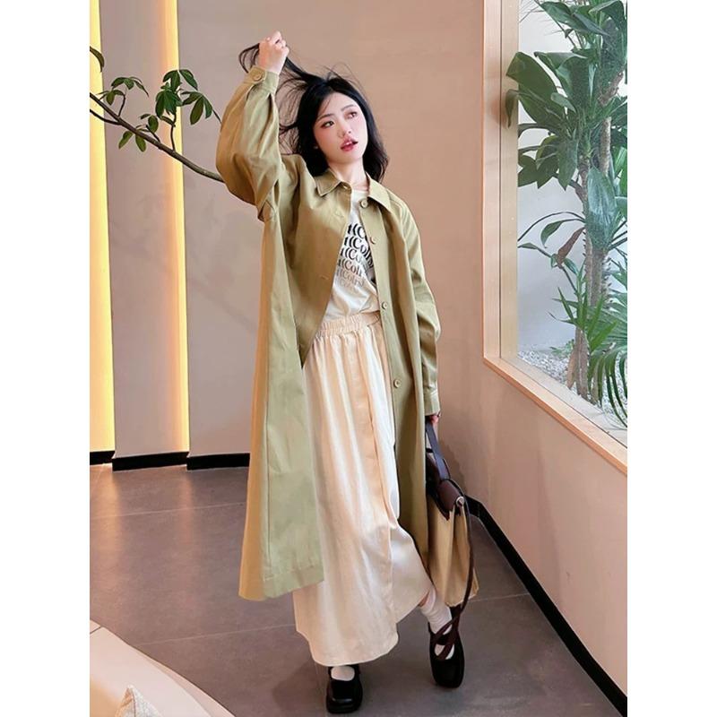 Retro Koreanisches Pickelgrün Langer Windbreaker für Damen Herbst Neu Hong Kong Stil Retro Lockerer Mantel