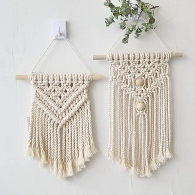 Boho Braided Tapestry Wall Hanging Geometric Tapestry Knotted Cotton Rope Tapestry with Tassels