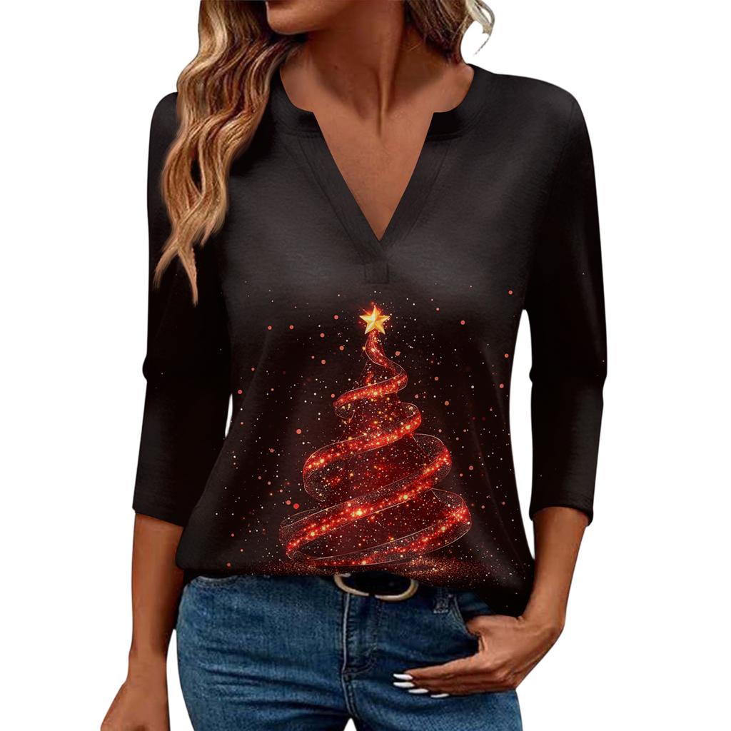 Women's Casual Fashionable Sexy Comfortable V-Neck Christmas Three-Quarter Sleeve Top