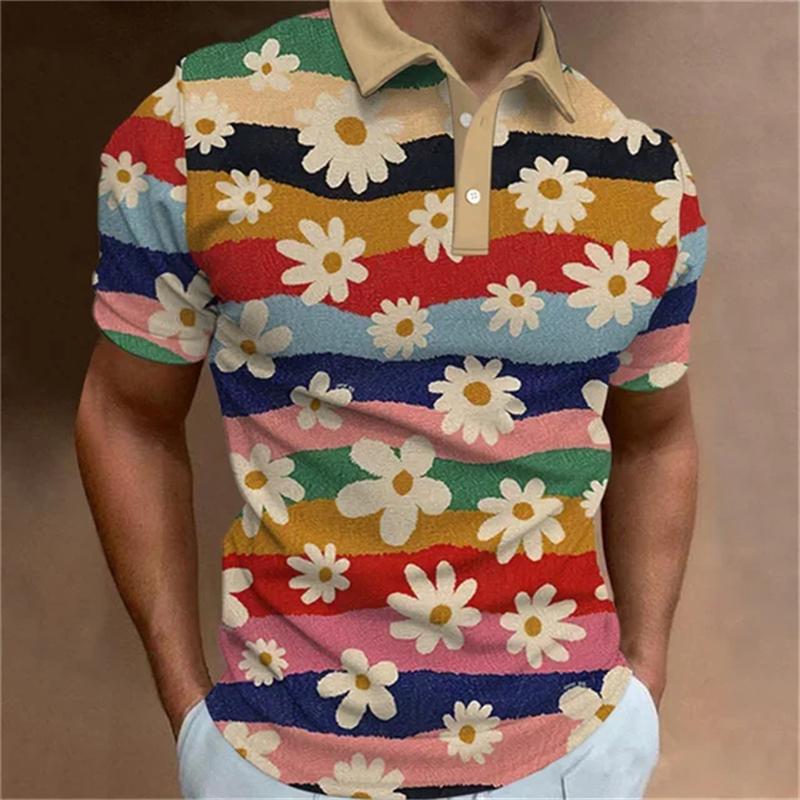 Fashionable men's polo shirt 3D printed flower pattern button lapel short sleeved top