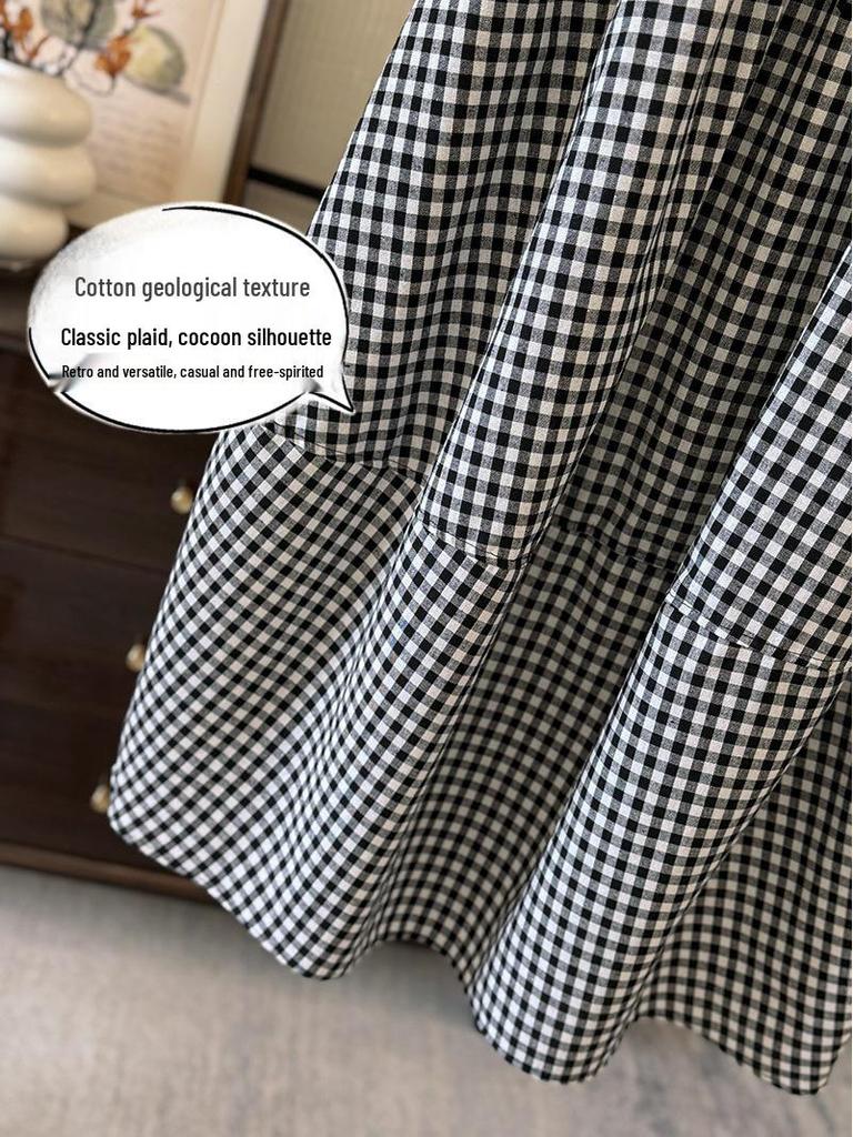 Fustă Trendy Retro cu Pled și Floare: Stil cocoon din bumbac și in pentru un aspect matur