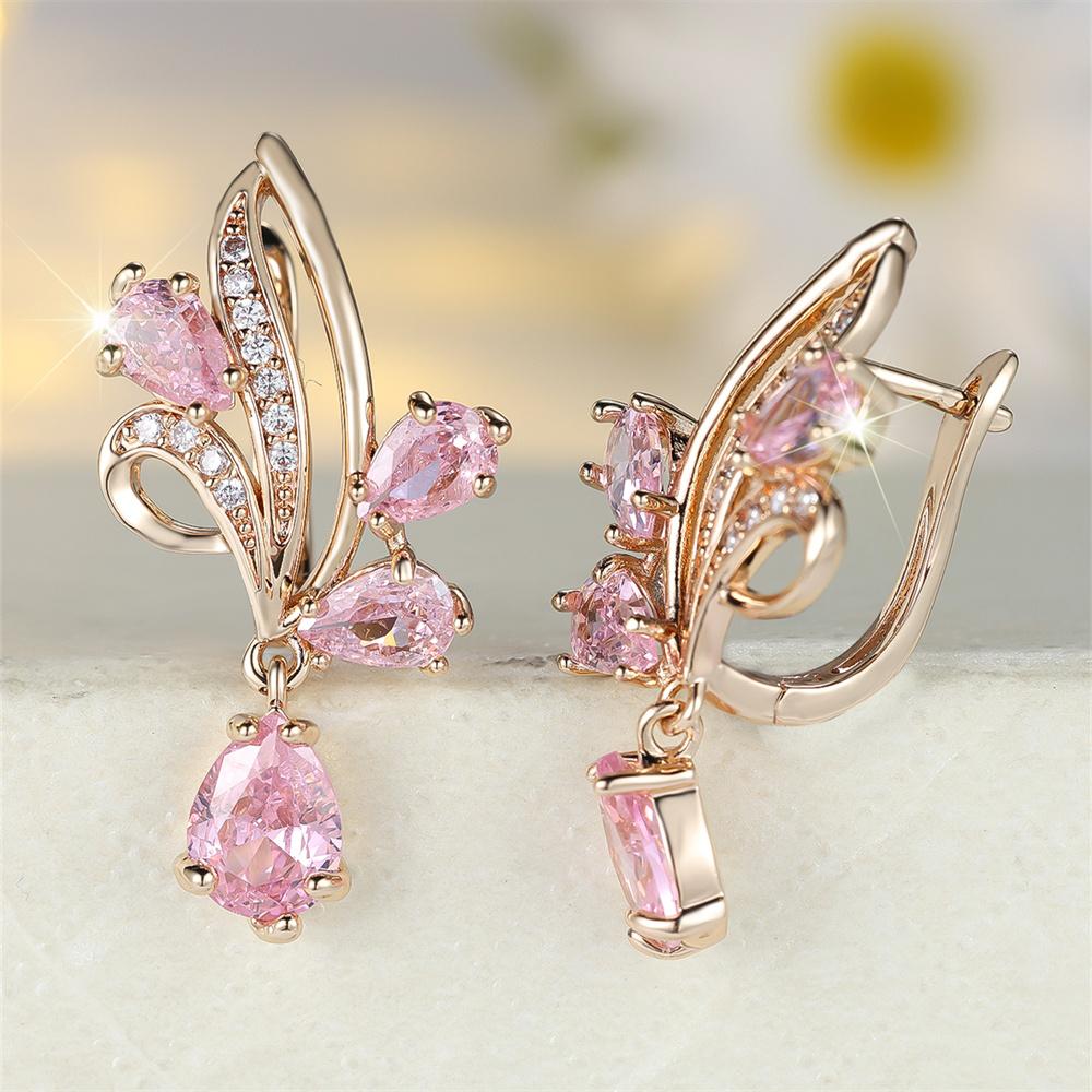 Orecchini a cerchio con fiore di cristallo rosa a forma di goccia d'acqua per donna, fibbia per orecchio color oro vintage, gioielli da sposa, regalo per festa di fidanzamento