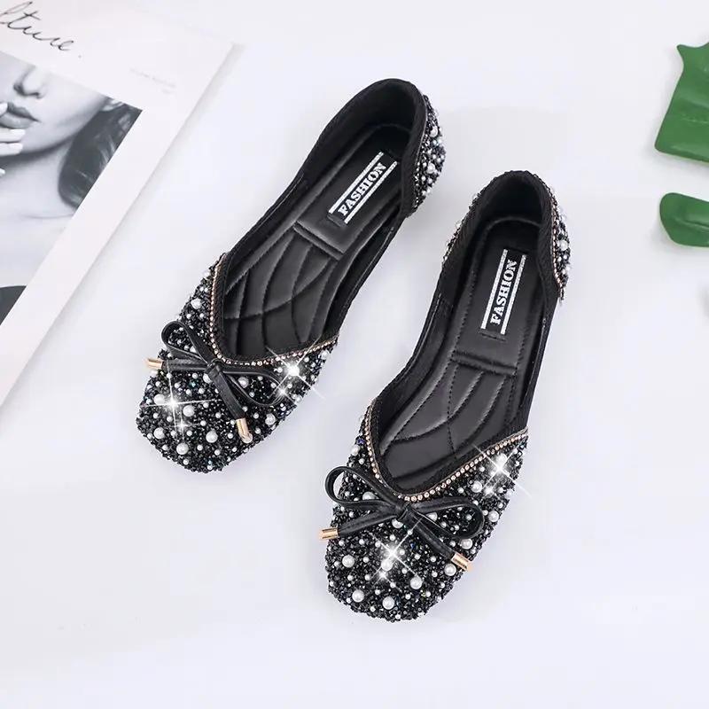 Fashion Pink with Crystals Diamond Ladies Footwear Green Rhinestone Women's Flat Shoes Bow Korean Style Y2k Vintage Fashion Cheap A Line