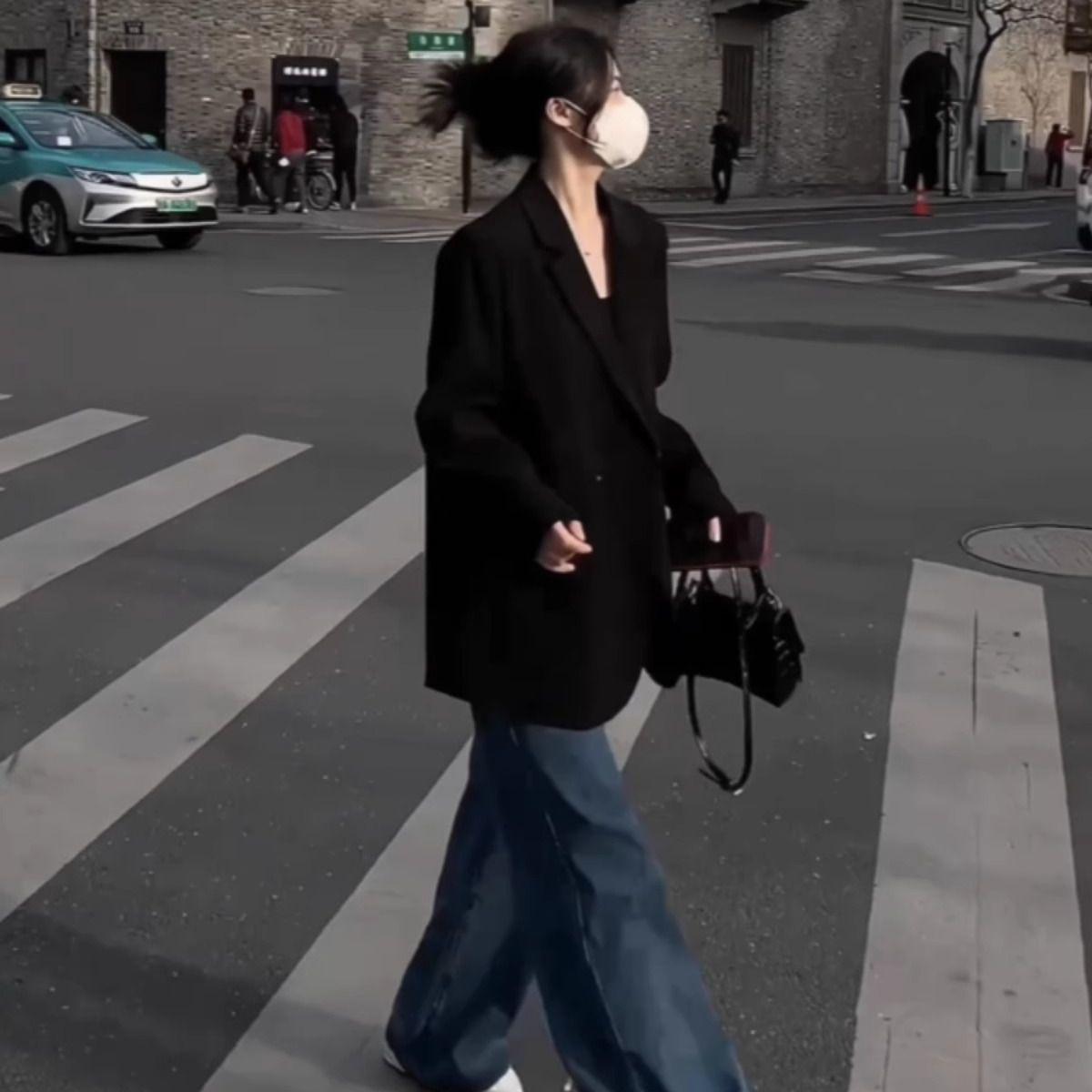 

Women s Petite Loose-Fit Black Suit Jacket for Autumn/Winter - Korean Style S (for 40-50 kg)