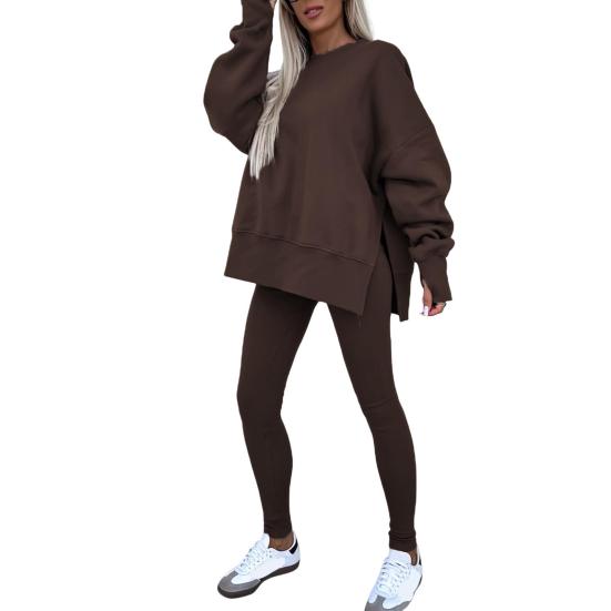 2 Pcs/Set Women Top Pants Suit Round Neck Long Sleeve Irregular Hem Sweatshirt Elastic Waist Solid Color Trousers Winter Daily Wear Tracksuit