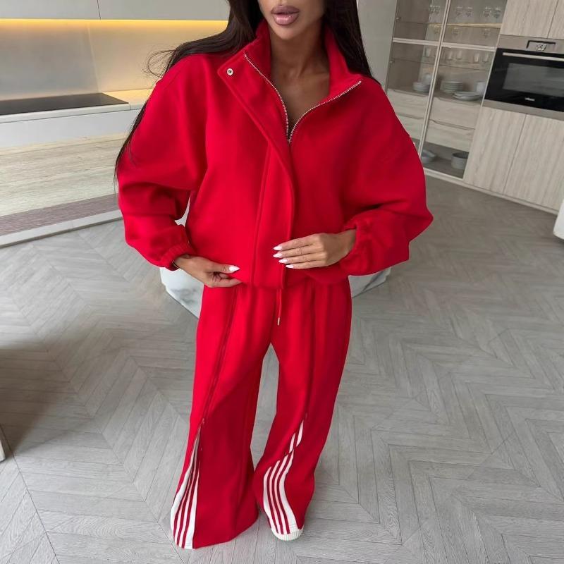 Spring and Autumn Casual Suit Women's High-end Pull-up Strips Contrasting Color Sweater Straight Trousers Two-piece Set