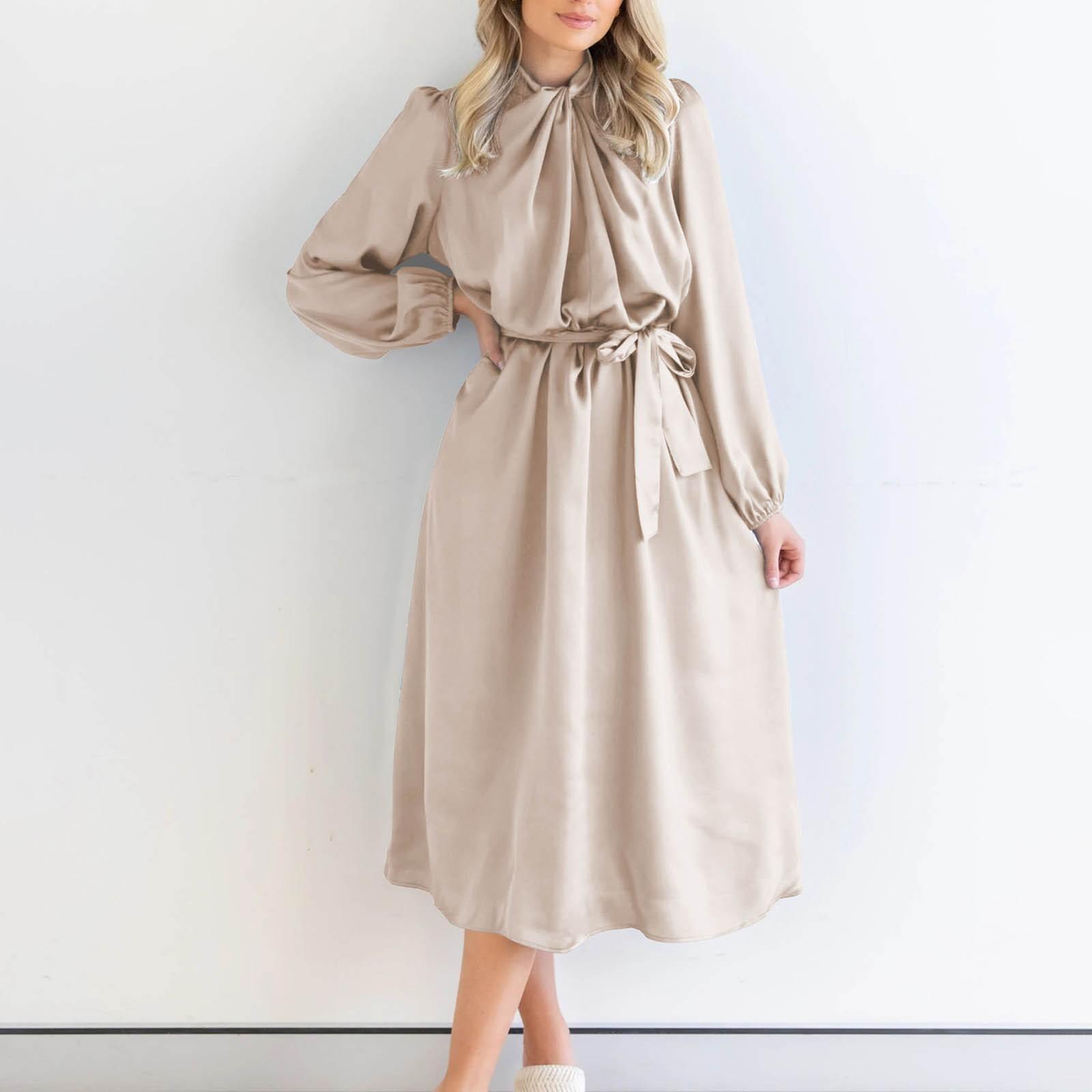 

Женское осенне-зимнее модное однотонное универсальное длинное платье с длинными рукавами L бежевый