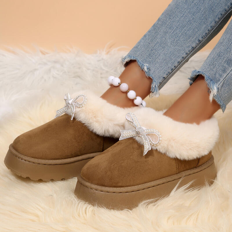Fashion Thick Bottom Fluffy Fur Snow Boots Women 2025 Winter Warm Plush Ankle Boots with Platform Sweet Bowknot New Furry Non Slip Shoes