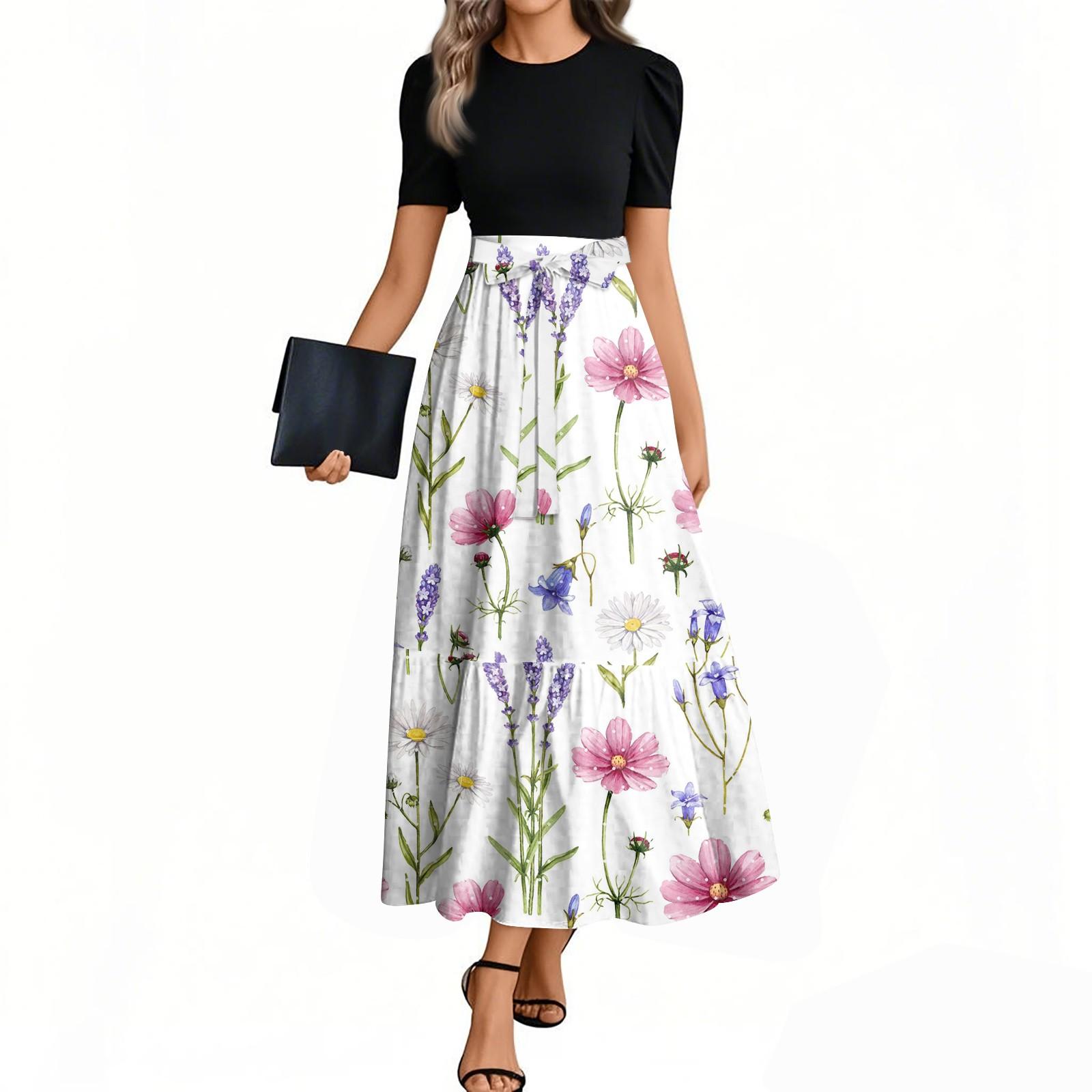 

Women s Fashion Casual Belt Short Sleeve Round Neck Floral Stitching Elegant Temperament Dress L рожевий