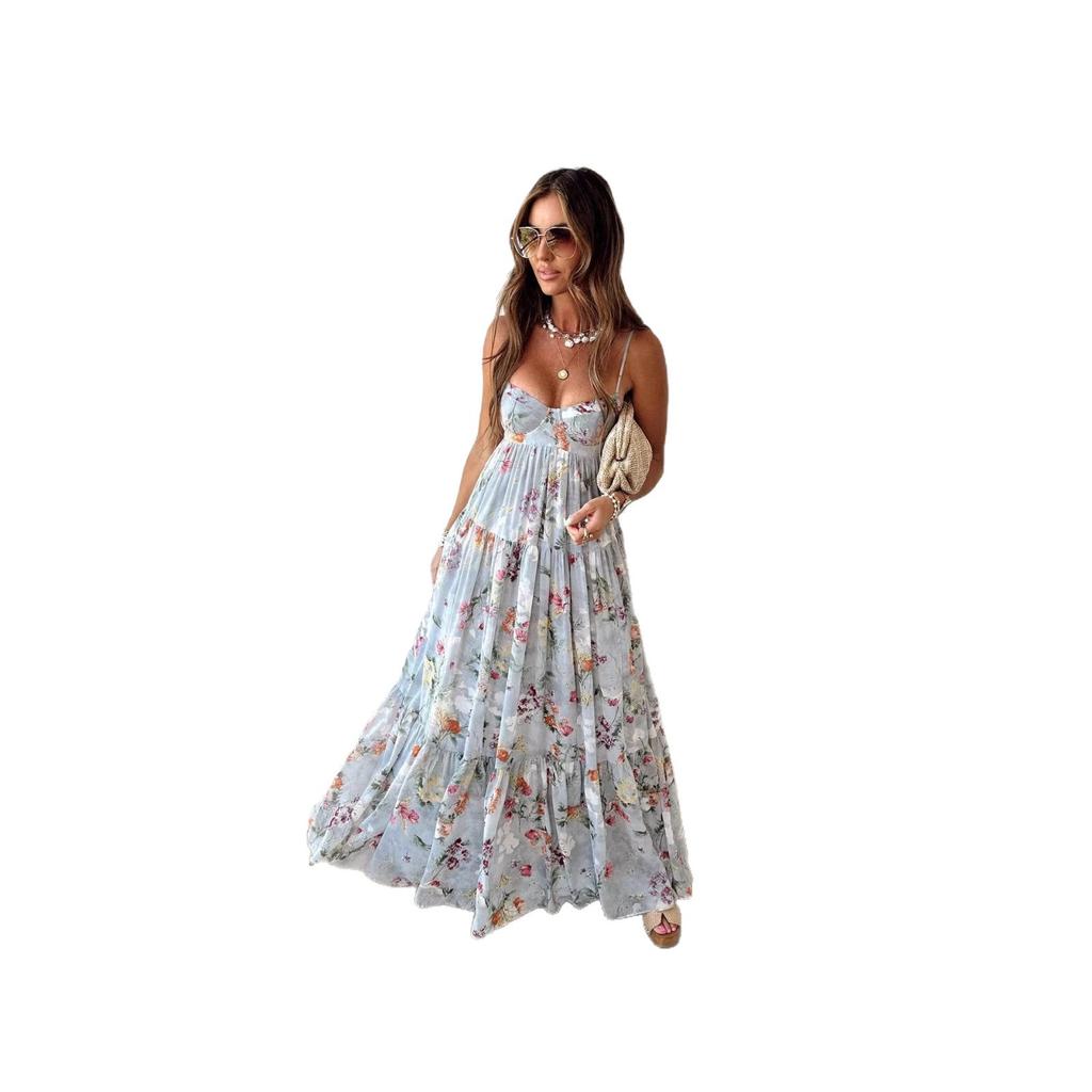 Bohemian Suspender Floral Pendulum Dress Summer New Chiffon Vacation Style Loose And Elegant Dress