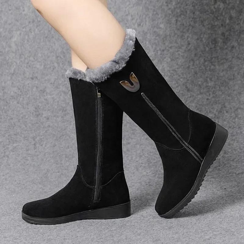 Warm Chelsea High Fur Boots Women 2025 Winter Shoes for Women Chunky Mid-calf Plush Snow Flat Boots ZIP Fashion