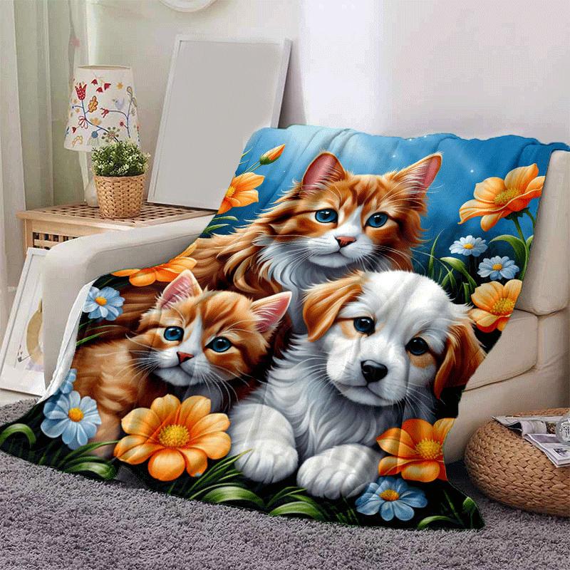 

1pc Cats and Dogs Printing Lightweight Flannel Blanket, Comfortable and Warm Blanket, for Camping Sofa Bed and Couch Office, in All Seasons 130cmx150cm