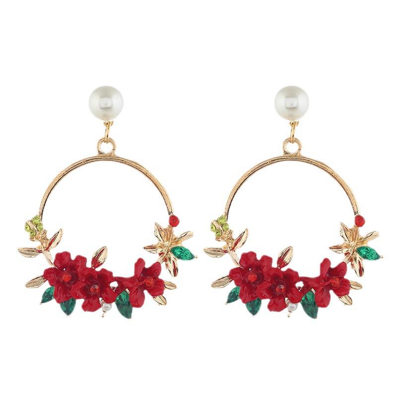 Korean Style Floral Rhinestone & Pearl Stud Earrings - Two-Color Sweet Design