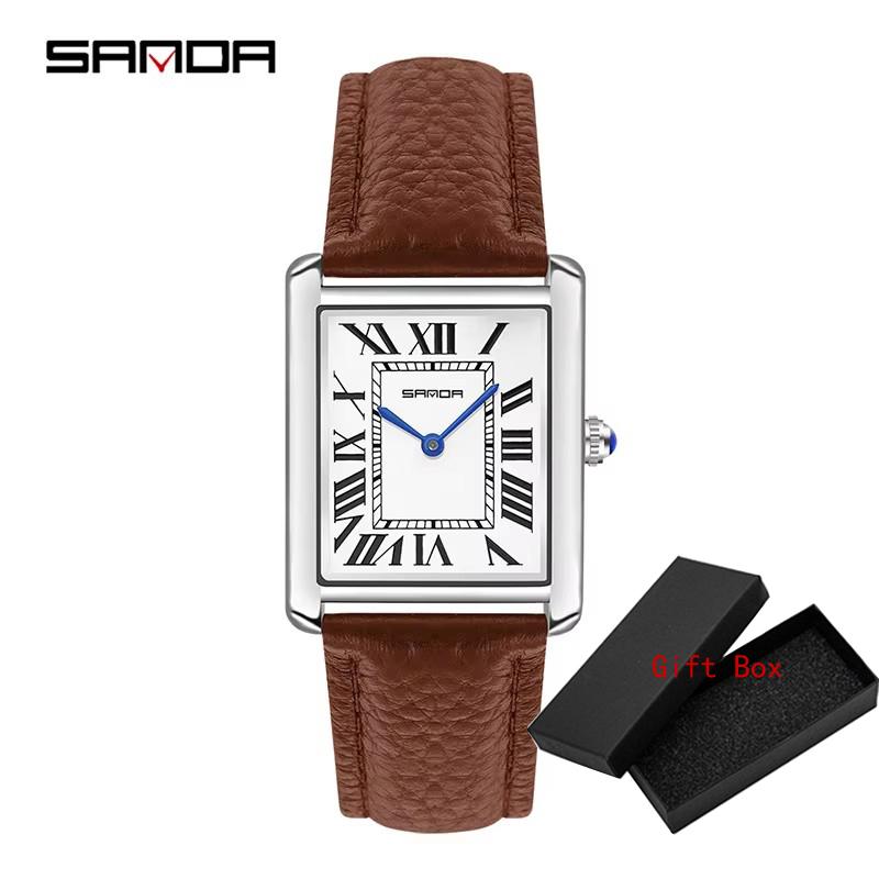 Sanda Rectangular Wrist Watches Women Man Unsex Silver Case Luxury Top Brand Leather Band Quartz Clock Zegarek Damski 1108