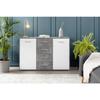 Buffet bas PILVI - 2 portes et 4 tiroirs - Blanc et béton clair - L 122,6 x P 34,2 x H 81,1 cm