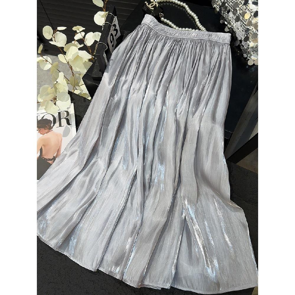 

Модна плісирована спідниця-трапеція з високою талією в стилі ретро. Високоякісна глянцева шифонова плісирована спідниця з перламутровим відтінком One size сірий колір