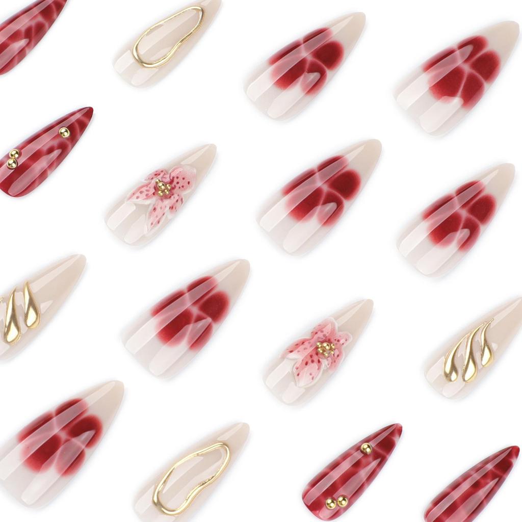 3D Floral Nail Art: Long Almond-Shaped Wearable Nails with Petal Design