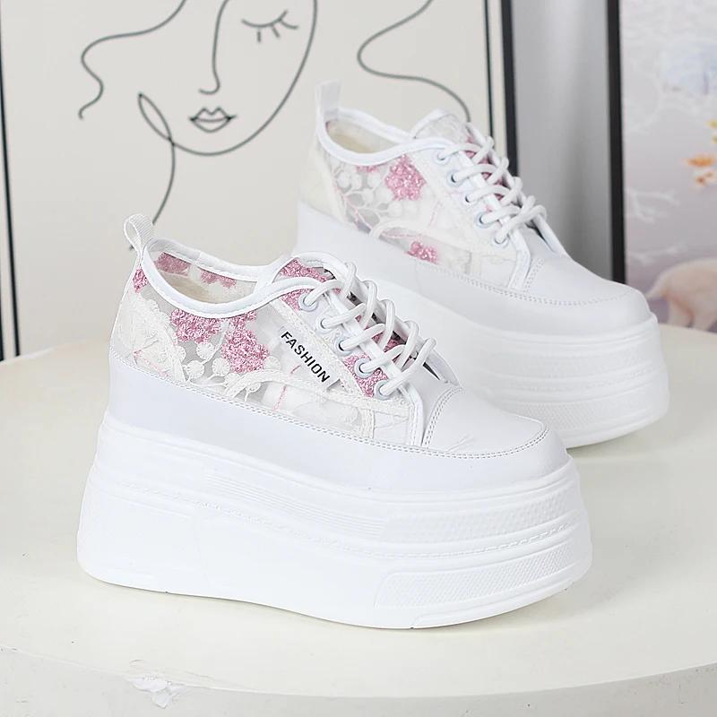 Mode 12CM Pantoletten Damen Sommerschuhe Plateau Mode Sandalen Sneakers Schnürung Plateau Keil Echtleder Air Mesh Hausschuhe