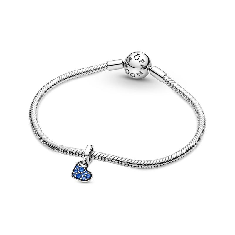 Pandora Stellar Blue Tilted Heart Pavé Pavé Charm 925 Silver Pendant Women's Blue 799404C01