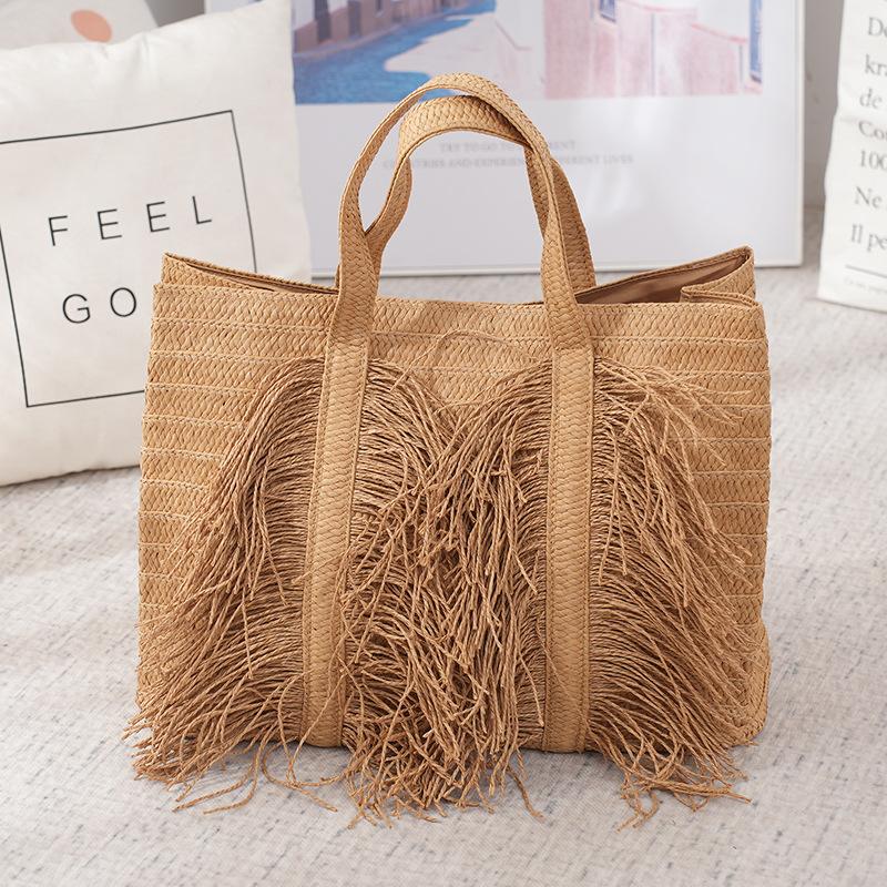

Large Capacity Straw Tote Bags for Women Designer Handbags Bohemian Tassel Beach Bag Handmade Woven Shoulder Bag Travel Shopper 46x16x34cm