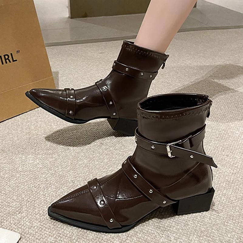 Leather Pointed Toe Women Snow Ankle Boots Mid Heels Fad Sexy Shoes Designer Chunky Winter Botas  Trend Pumps Botas De Mujer