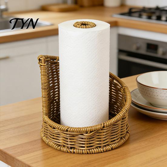 Woven Desk Paper Stand Imitation Rattan Toilet Holder, Round Towel Dispenser, Upright Roll Dispenser Boho Tissue Organizer for Bathroom Countertop And