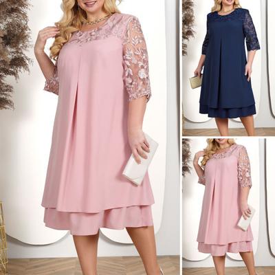 Summer Lady Dress Round Neck Loose-fitting Quarter Sleeve Embroidery Floral Patchwork Dress Banquet Clothing for Women
