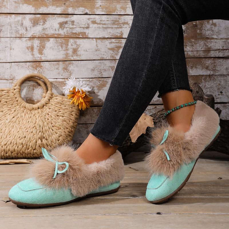 Dámské zimní boty v korejském stylu, vintage, chlupaté - kulatá špička, mašlička, nazouvací, vícebarevné, s fleecovou podšívkou